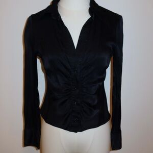 Zara Black Ruched Fitted Blouse with Notched Collar